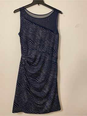 Scarlett Navy One-Shoulder Sheath Dress with Silver Wave Accents